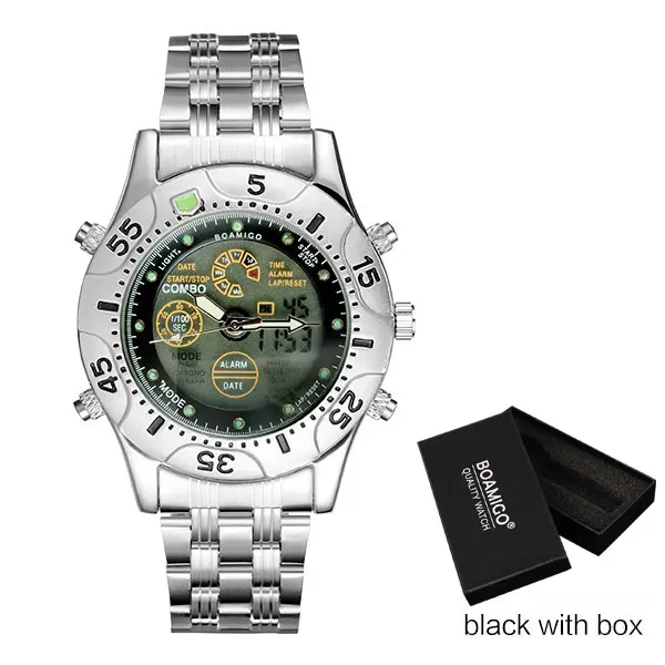 Мужские спортивные часы BOAMIGO, брендовые кварцевые часы, светодиодный, аналоговые, цифровые часы, браслет из нержавеющей стали, Подарочные наручные часы, Reloj Hombre - Цвет: black with box