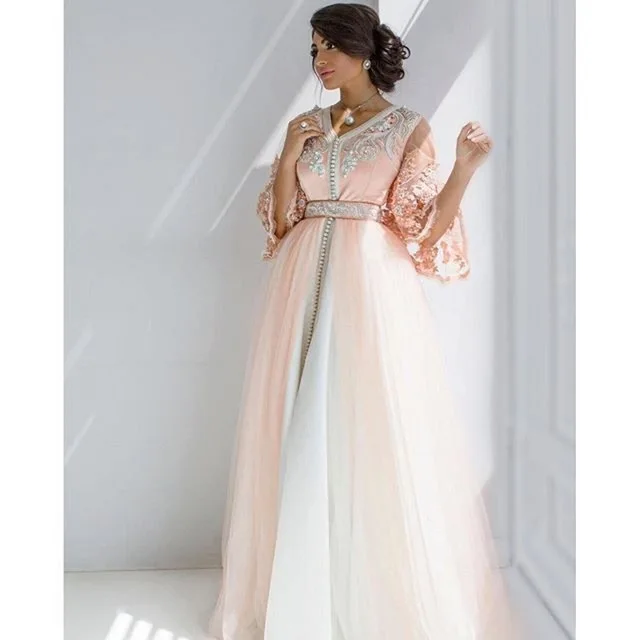 

Caftan Marocaine 2017 Luxury Appliques V-Neck Dubai Kaftan Evening dresses Three Quarter Sleeve Arabian Prom Gown Formal Dress