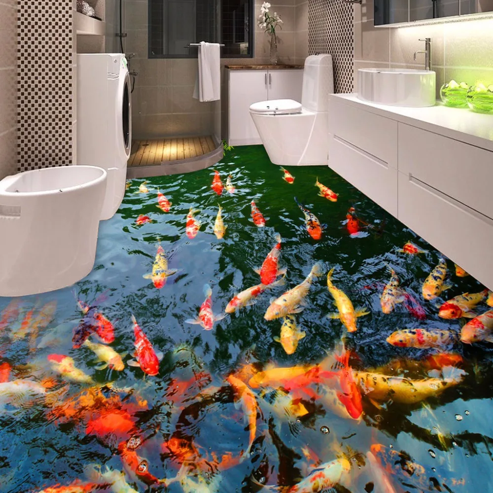 High Quality Custom 3D Floor Wallpaper Pond Carp Toilets Bathroom Bedroom PVC Floor Sticker Painting Mural Wallpaper Waterproof