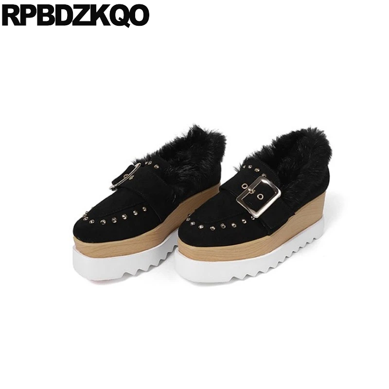 

pumps suede elegant creepers brown rivet square toe belts ladies stud black fur high heels 2018 fashion platform wedge shoes