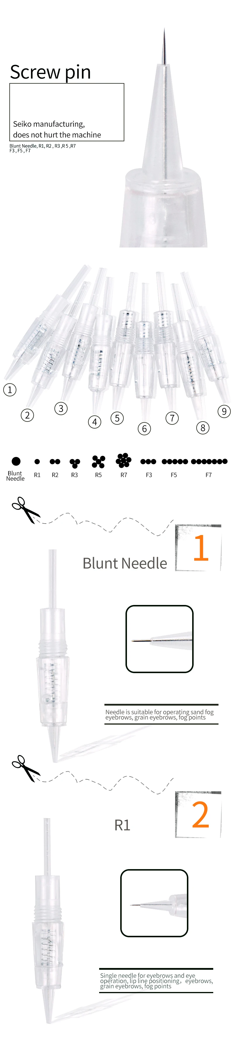 20 шт одноразовые полуперманентные татуировки картридж иглы принадлежности для татуировки винт тупой иглы/R1/R2/R3/R5/R7/F3/F5/F7