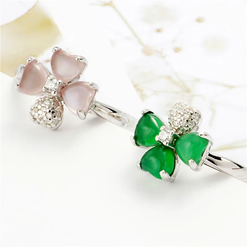 Chal-cedony clover zircon open ring 100% Sterling 925 silver Jewelry Vintage Adjustable rings for women girl gift