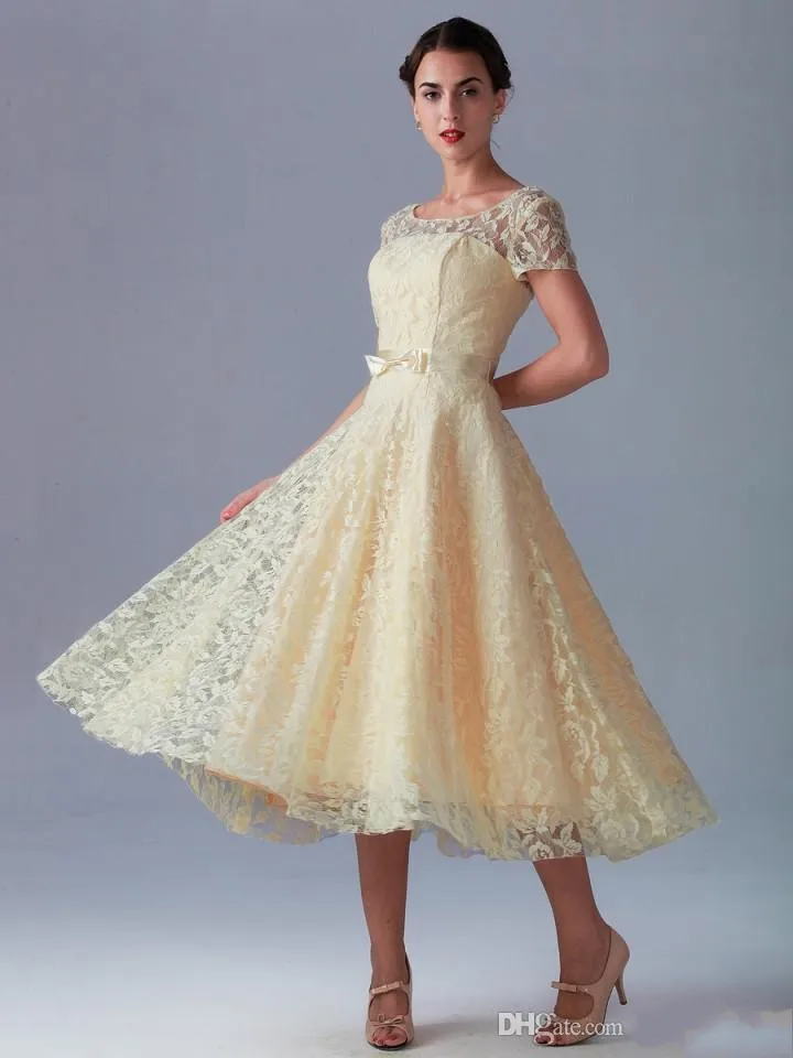 Yellow Lace Tea Length Dress