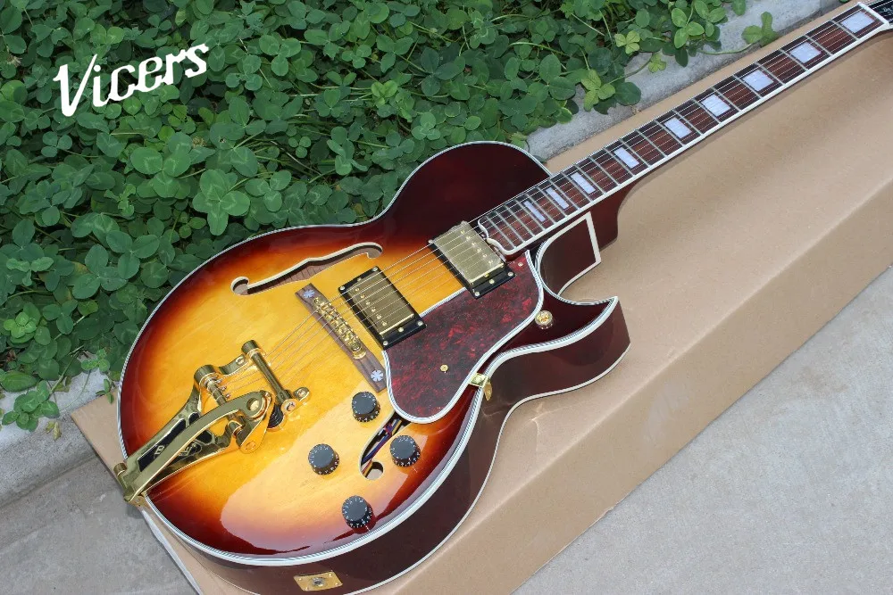 

Gold color hardware hot selling High Quality Thick Hollow body L5 Jazz Electric Guitar Tobacco brown burst guitarra