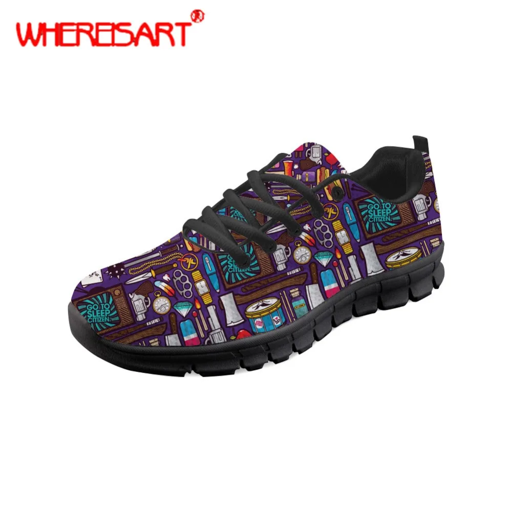 

WHEREISART Stylish Sneakers for Women Go to Sleep Pattern Flat Shoes Ladies Lace-up Mesh Shoes Feminine Spring Autumn Flats