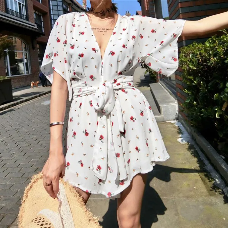 yinlinhe White Floral Playsuit Women Short Sleeve V neck Backless Sexy Summer Playsuit Slim Waist Bowknot Elegant Rompers 6
