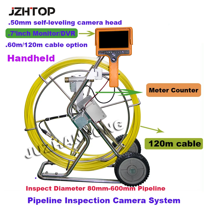 

120m cable industrial snake endoscope pipeline inspection camera system 50mm self balance meter counter recording snake camera