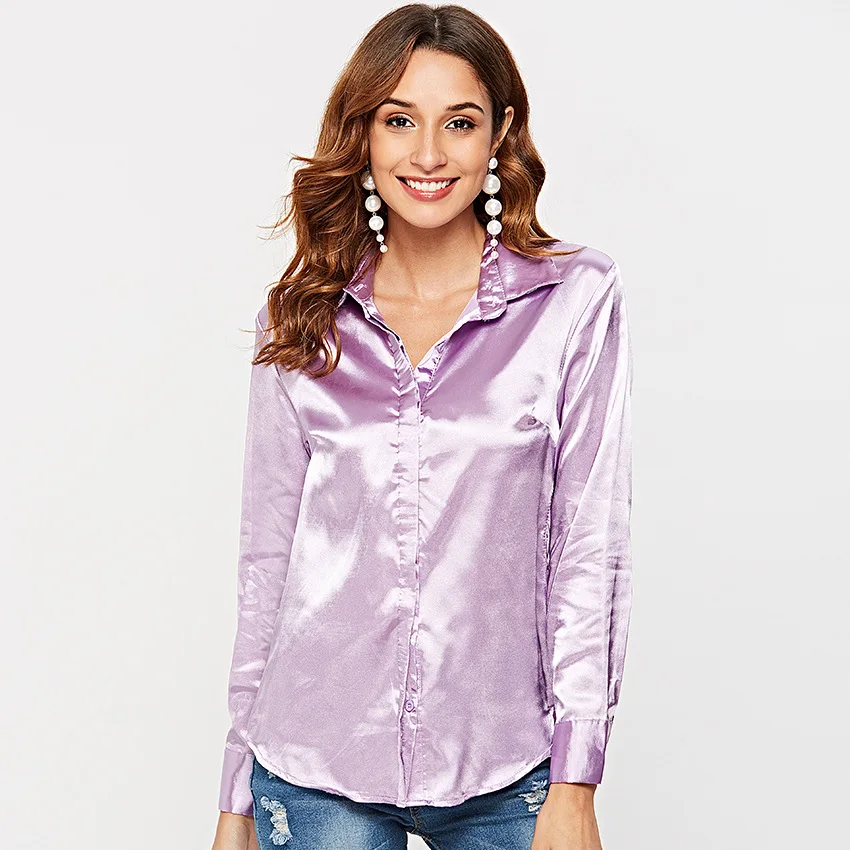 Causey Silk OL blouse shirt women Stand long sleeve button up womens tops and blouses purple chemisier femme Blouses
