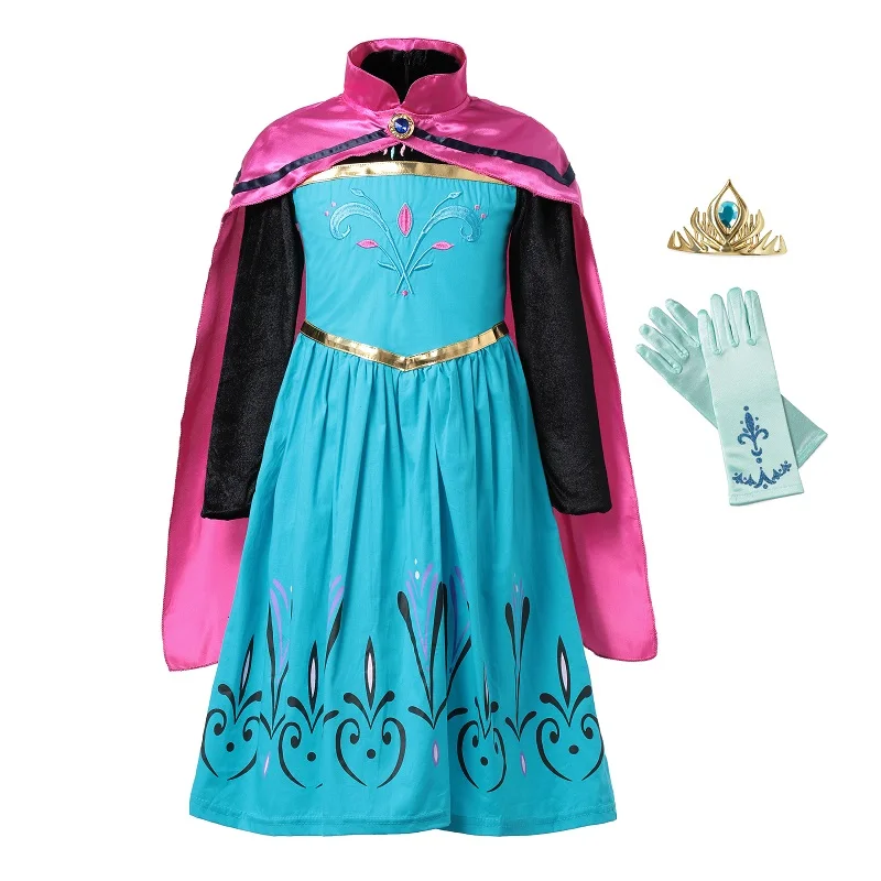 

Elsa Coronation Dress up Clothes Girl Snow Queen Flower Embroidery Cotton Anna Princess Party Cosplay Costume with Cloak
