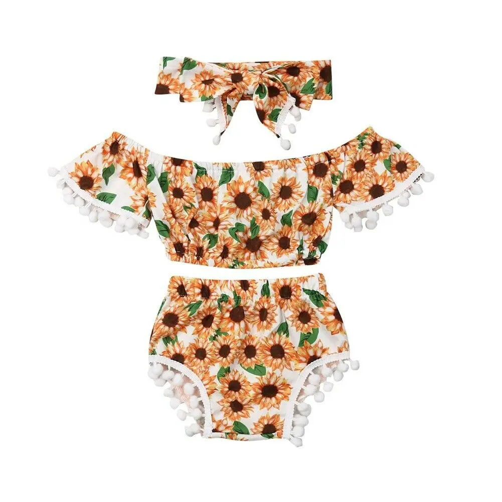 3PCS 0-24M Baby Girls Clothes Sets Off Shoulder Tassel Floral Tops Shorts Headband Outfits Set | Мать и ребенок