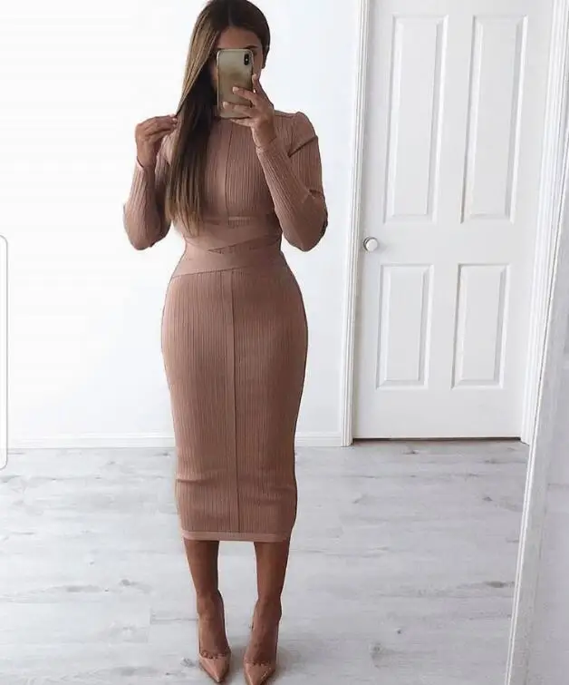 

Vestidos Women Dress Sexy Beige Bodycon Party Dress 2019 Designer Long Sleeve Elegant Bandage Dress