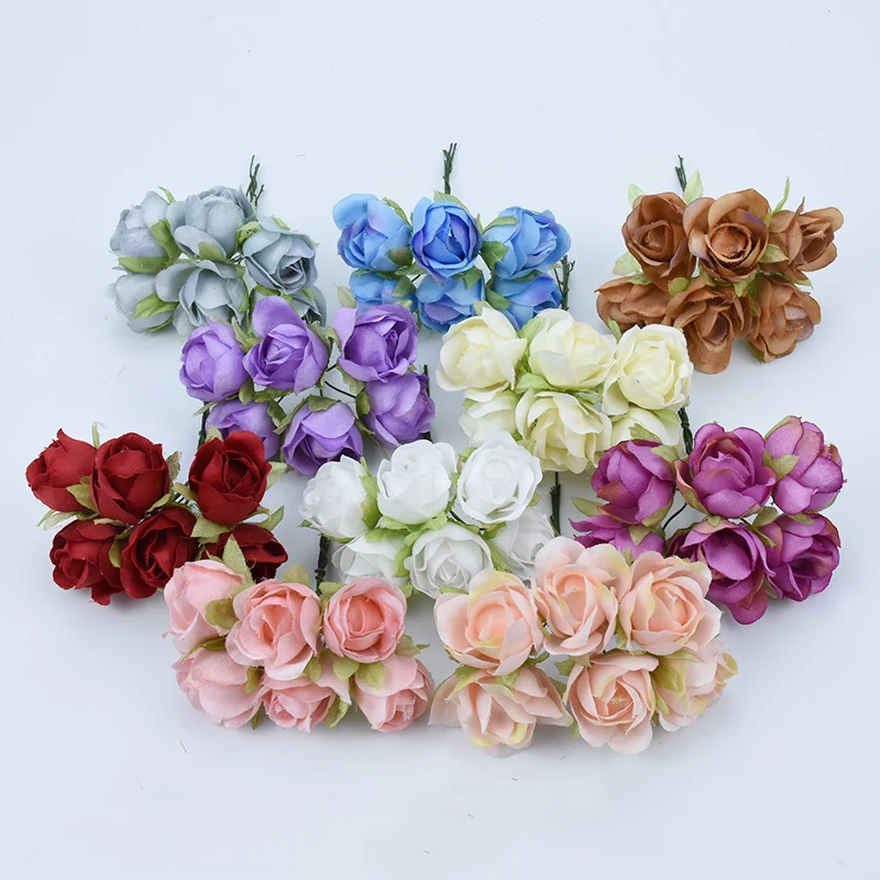 

6pcs/lot Silk roses bouquet decorative flowers wreaths diy pompon gifts candy box artificial plants fake flowers for home decor