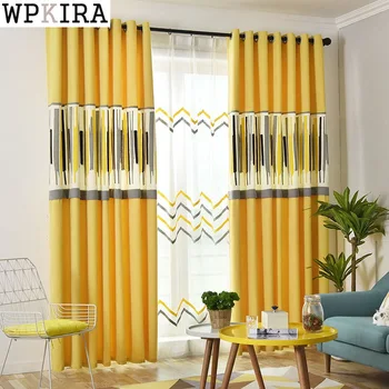 

yellow striped curtains for living room geometric embroidery curtain for bedroom organza window curtains S169&30