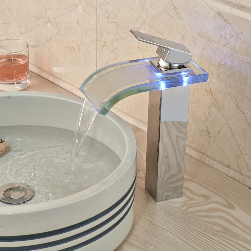 Polished Chrome Glass Waterfall Spout Basin Sink Faucet Deck Mount