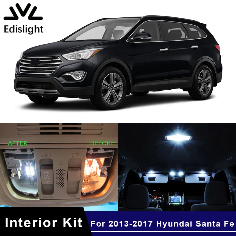 

Edislight 9Pcs White Ice Blue LED Lamp Car Bulbs Interior Package Kit For 2013-2017 Hyundai Santa Fe Map Dome Trunk Plate Light