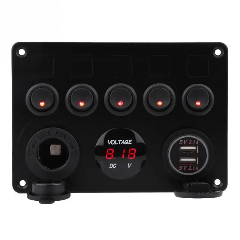 

12-24V Dual USB Socket Charger LED Voltmeter 12V Power Outlet 5 Gang ON-OFF Toggle Switch Panel for Car Boat Marine RV Truck