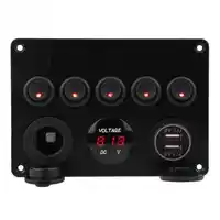 12-24V Dual USB Socket Charger LED Voltmeter 12V Power Outlet 5 Gang ON-OFF Toggle Switch Panel for Car Boat Marine RV Truck