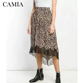 

Print Asymmetric Hemline Lace Trim Midi Skirt high quality women's summer sundress elastic waist Women's Fashion skirt