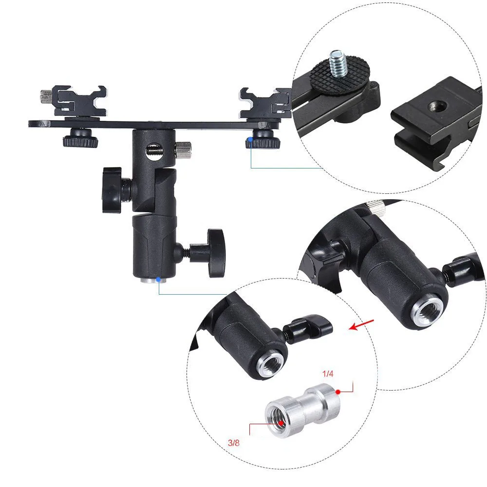 Kaliou Double Hot Shoe bracket Flash Umbrella Holder Light Stand Bracket For Photo Video Stand Tripod Photo Studio Accessory