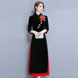 Ао Дай платье Чонсам 2018 вышивка Pleuche Qipao Aodai Вьетнаме платья из бархата с длинными рукавами Cheongsams эластичность Qi Pao