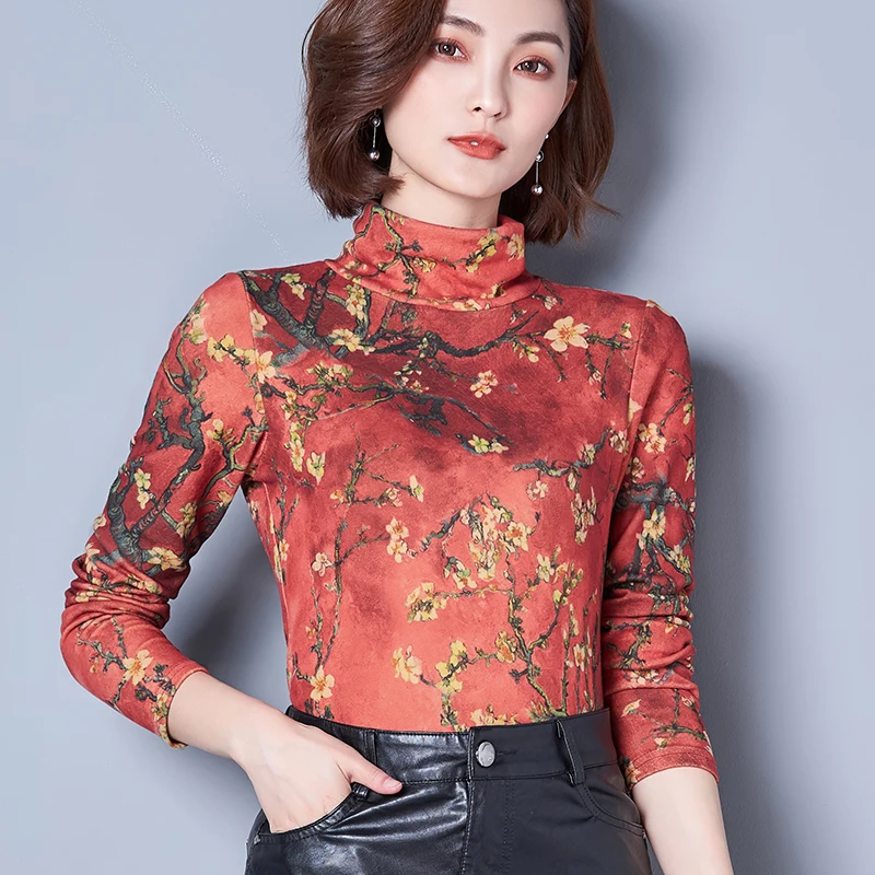 Blusas estampadas de moda para mujer Otoño Invierno cuello alto de manga larga para mujer Tops blusas de talla grande blusas mujer ropa mujer