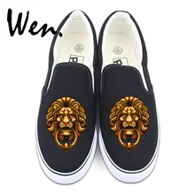 Wen Black Canvas Shoes Slip on Pumps Flats Original Design Chinese Element Lion Head Door Holder