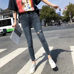 Новые летние Европейский и американский стиль уличная мода однотонные джинсы для женщин, эластичные тонкие отверстия девять точек