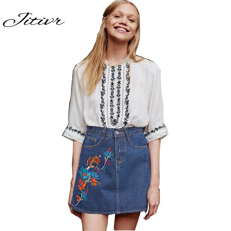 Embroidery A Line Women Skirts Plus Size Denim Skirt Pockets Natural