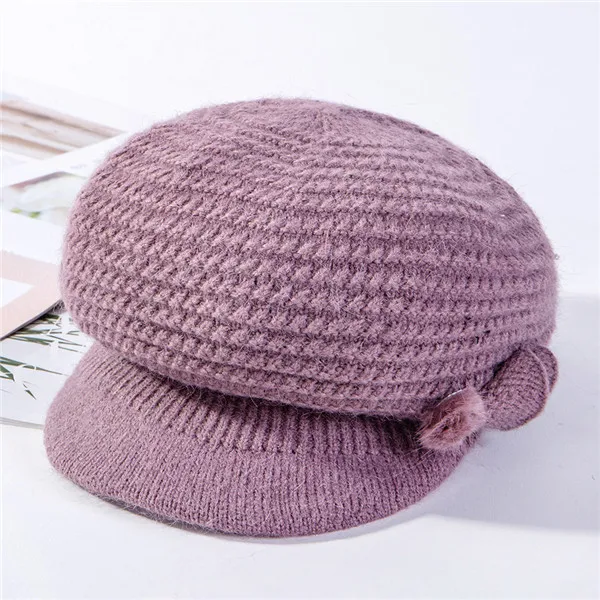 USPOP New winter caps women knit octagonal hat thick warm velvet lining knit hats solid color newsboy caps berets mom caps - Цвет: Лаванда