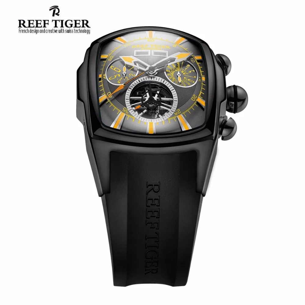 Бренд Reef Tiger повседневные спортивные часы для мужчин черный стальной резиновый