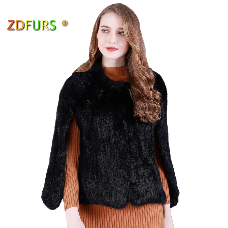 

ZDFURS *new style hand made knitted rabbit fur short cape with vertical arm openings rabbit fur jacket fur coat outerwear