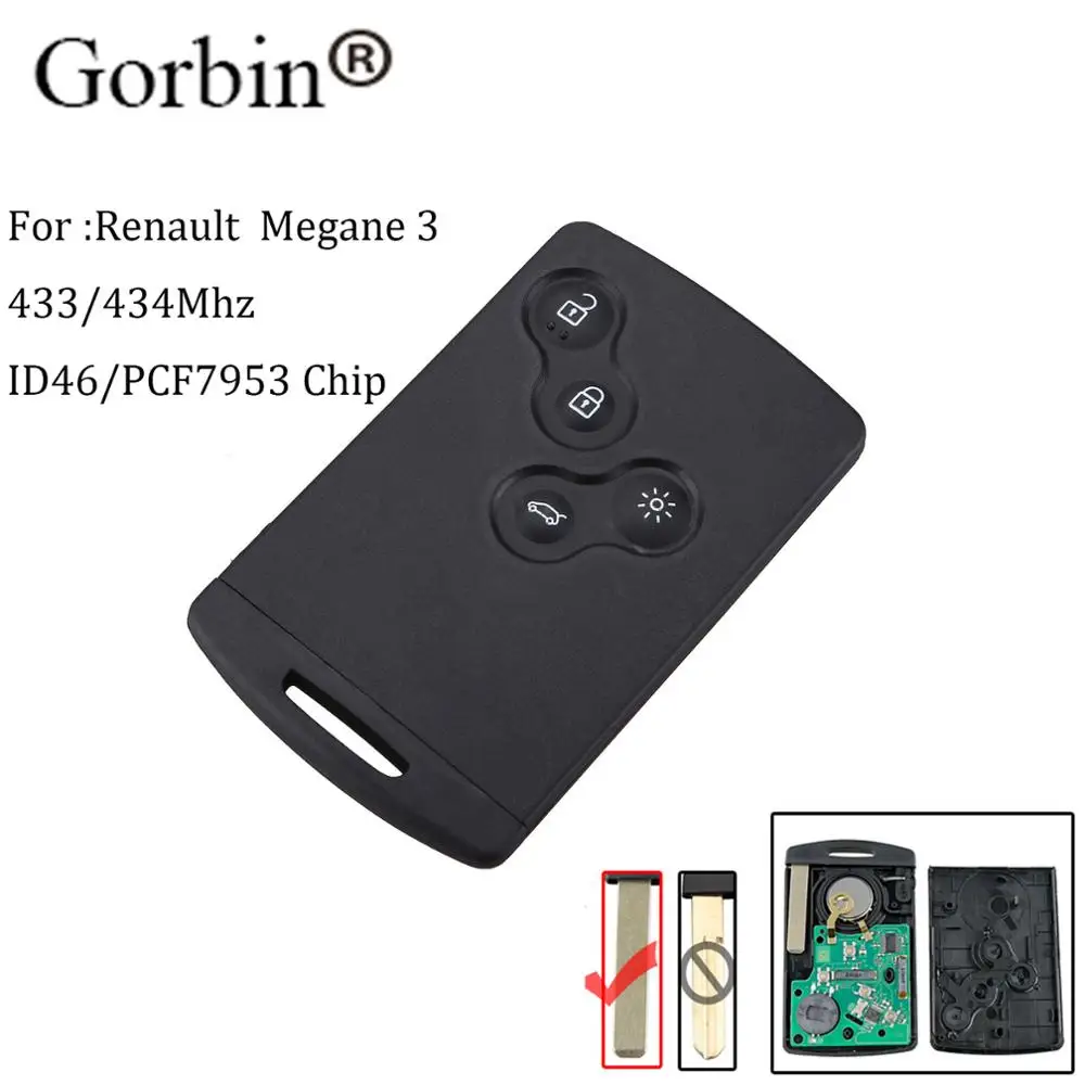 

GORBIN 4Button Smart Card Remote Car Key Fob For Renault Megane III Laguna III Scenic Fluence 2008-2016 433MHz PCF7952A Chip key