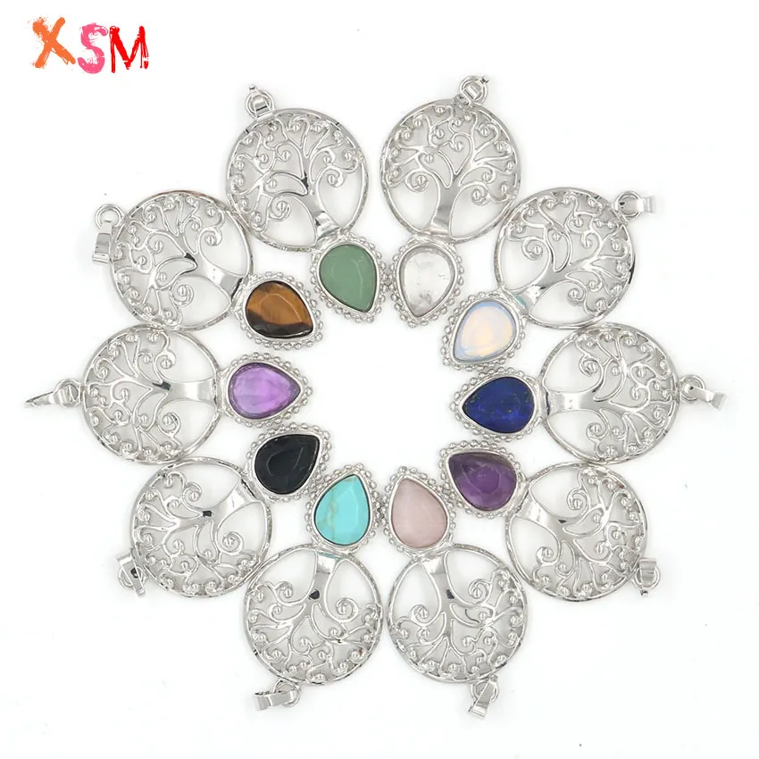 

Silver Plated Tree of Life Natural Amethysts Rose Quartzs Lapis Lazuli Black Agates Section Stone Water Drop-Shape Pendant 1 Pcs