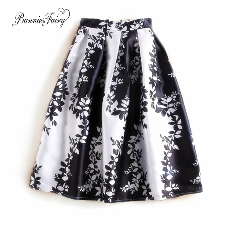 

BunniesFairy 2016 Summer Brand Design Women Simple Elegant High Waisted Floral Print Pleated Skirt for Office Lady OL Work Wear