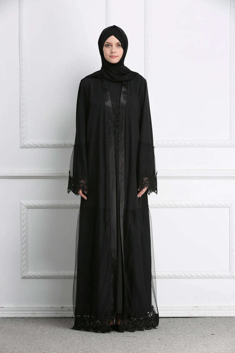 Мусульманин кружева Абаи Гренадин Черный Длинные платья кардиган-кимоно длинные халаты Jubah Ближний Восток Рамадан Арабский исламский