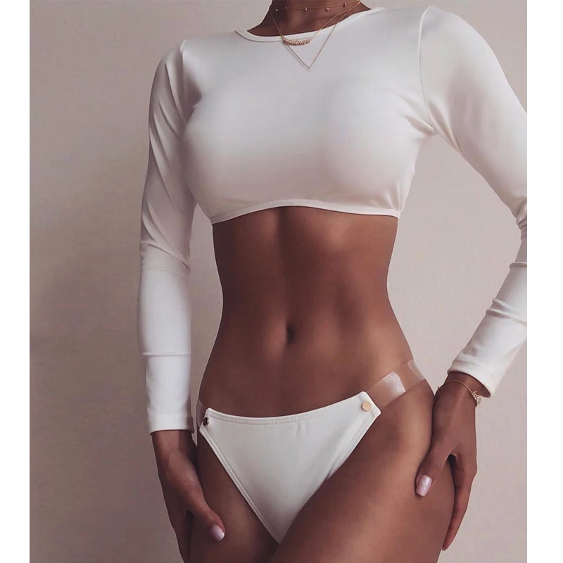 

ladies swimsuit low waist swimwear white bikini set swimsuit sports top indoor swimming suit beachwear long sleeve bathing suit