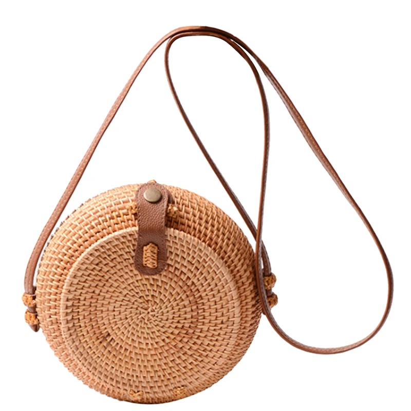 

Summer Beach Vintage Art Handmade Round Flip Women Rattan Circle Sling Bag