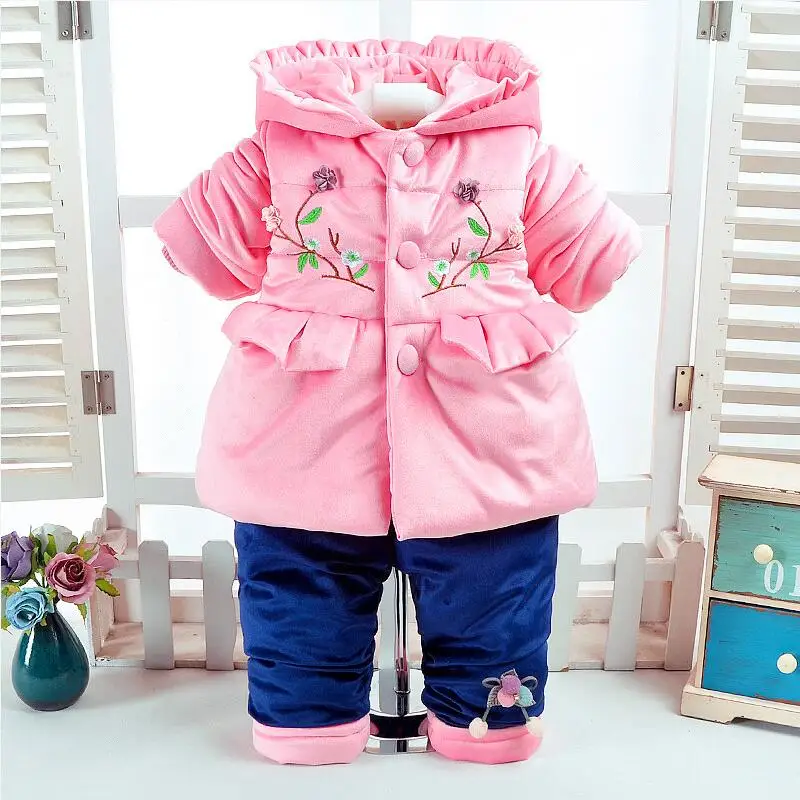 

Winter Infant Baby Girls Clothing Set Print Flower Children Tracksuit Thick Warm Toddle Girls Outfits Clothes 2pcs Kids Suits