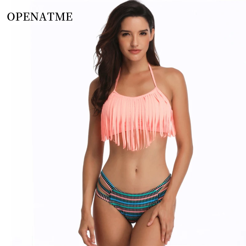 

OPENATME 2019 Sexy Backless High Elastic Fringe Split Bikini Set Solid Color Strap Striped Ladies Swimwear Beachwear
