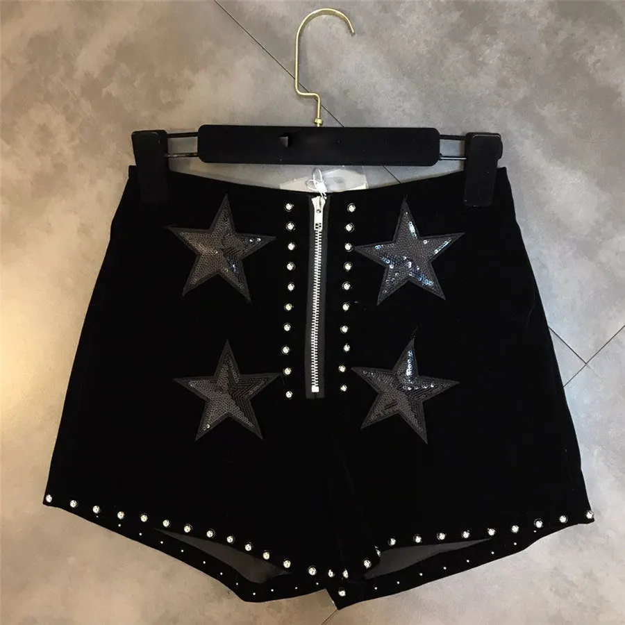 

2018 Autumn/Winter Women Fashion 5 Stars Pattern Sequined High Waist Shorts Solid Color Velvet Diamonds Women Shorts