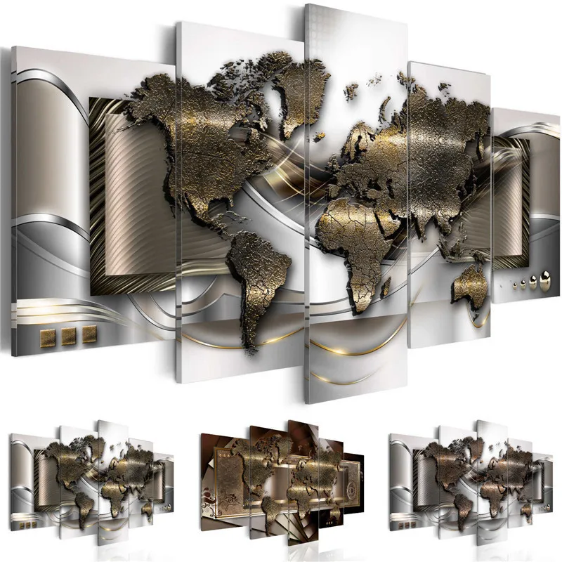 Карта мира печатает плакат настенная живопись 5 шт. современный Matallic абстрактный холст искусство модульные картины для декора офиса