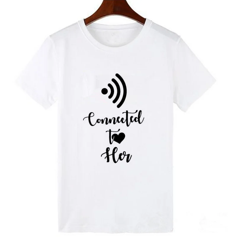 Pkorli Couple T Shirt Connected To Her Him T-Shirt Casual Hipster Short Sleeve Women'S T-Shirt Streetwear Tee Shirtt For Lovers