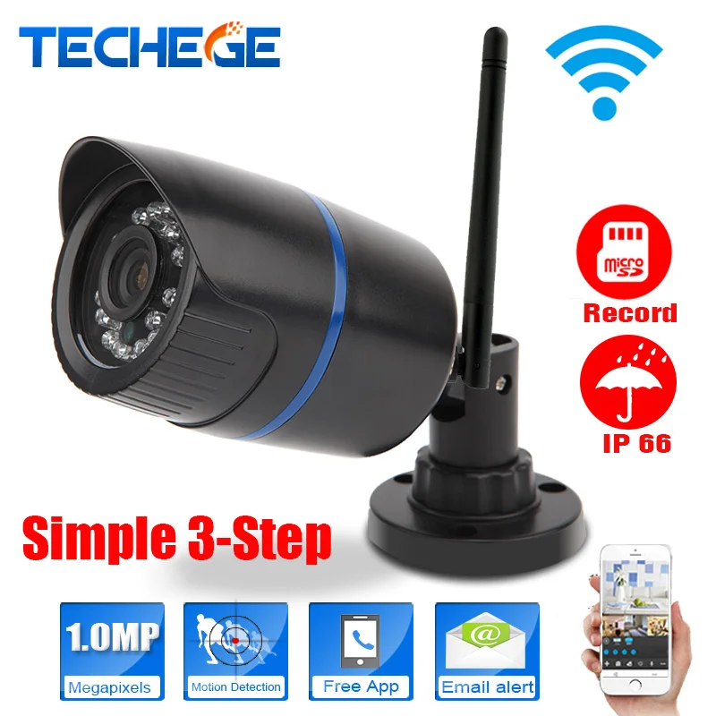 Techege WIFI IP Camera 720P Network Infrared Bullet Outdoor Waterproof IP66 P2P ONVIF Night Vision 1.0MP WIFI Motion Detection
