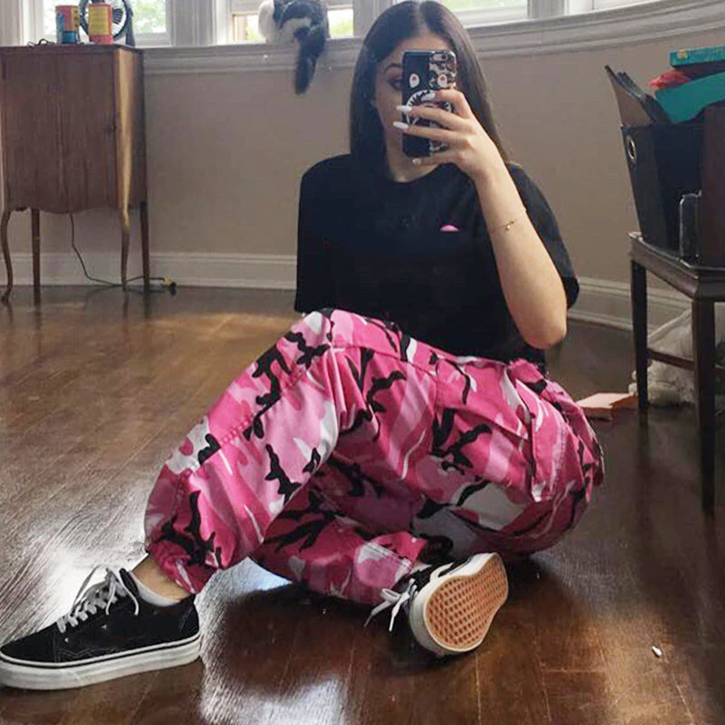 Kaufen Hosen Military Hosen Weibliche Camouflage Jogger Beiläufigen Frauen Camo Cargo Hose Hohe Taille Military Armee Kampf Jeans