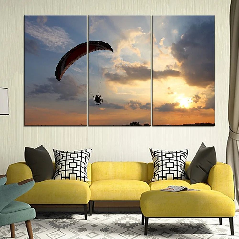 

Paraglider Flight Sport Sky Sunset Painting 3 Piece Modular Style Picture Modern Canvas Print Type Decorative Wall Art Poster