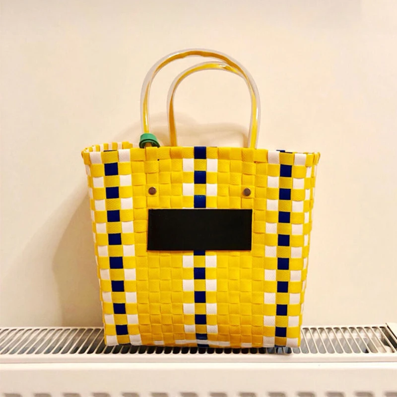 

Ins Hot Summer Beach Basket Patchwork Striped Hand Knitted Color Casual Women Handbag Totes Trend Fashion PVC Bag Bolsa Mimbre