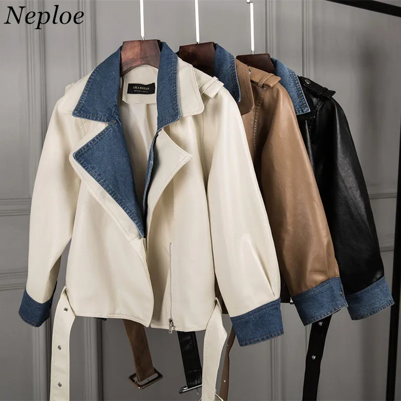 

Neploe PU Denim Patchwork Women Jacket Faux Leather Adjustable Waist Female Coat 2019 Spring Autumn New Fashion Outwear 69375