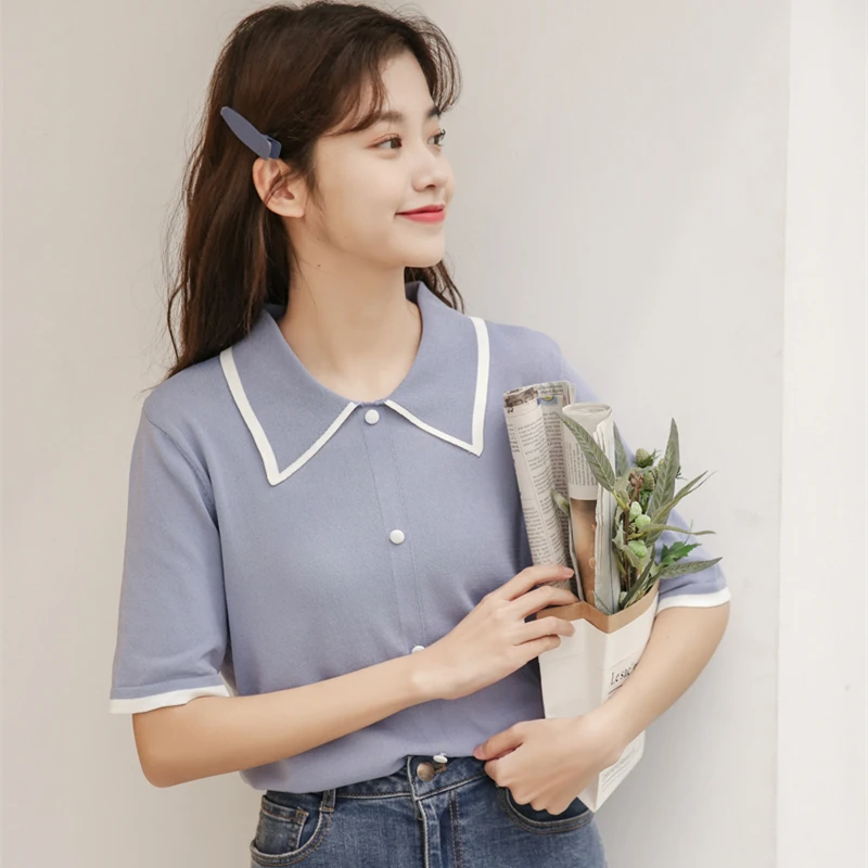 

2019 New Japan Style Cute Single-breasted Turn-down Collar Short Sleeve T-shirts Women Summer Small Fresh Slim Knitted Tee Shirt