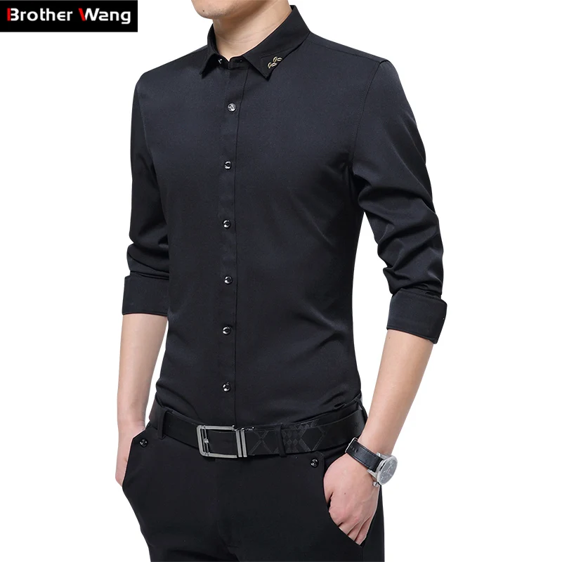 

Brother Wang 2017 New Men's Pure Color Dress Shirt Fashion Leisure Business Men Slim Embroidered Elastic Long Sleeve Shirt
