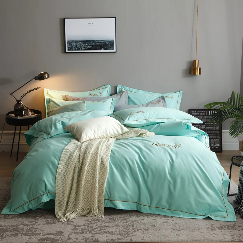 

Solid Color Embroidery Bedding Set Sanding Cotton 4pcs Bed Sheet Pillowcase Duvet Cover Keep Warm Bed Linings